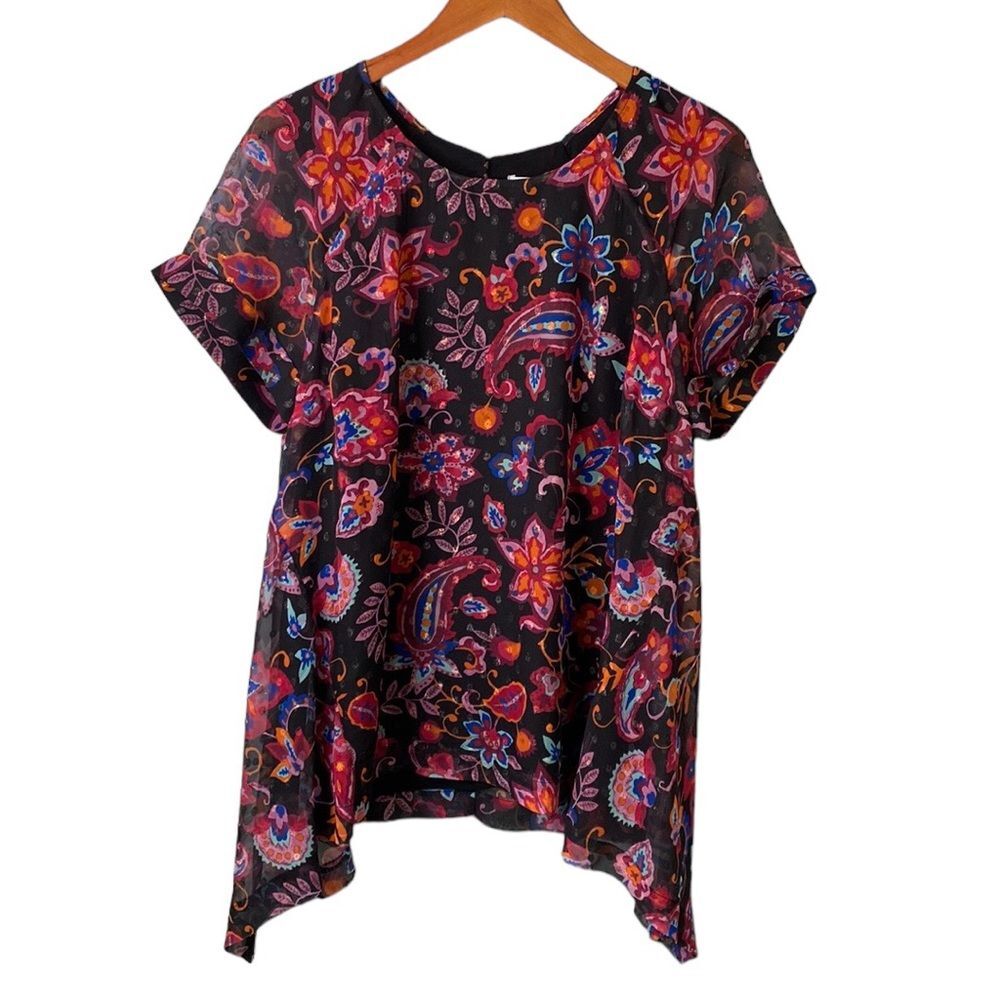 Estelle Clements Asymmetrical Short Sleeve Floral Tunic Top Semi-Sheer Metallic